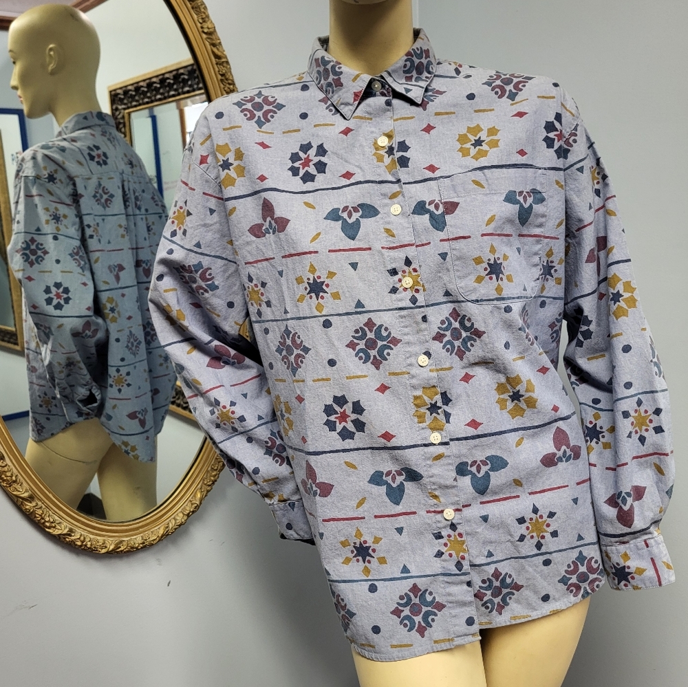 Vtg Lee geometric print button down shirt grandmacore floral XL y2k grunge